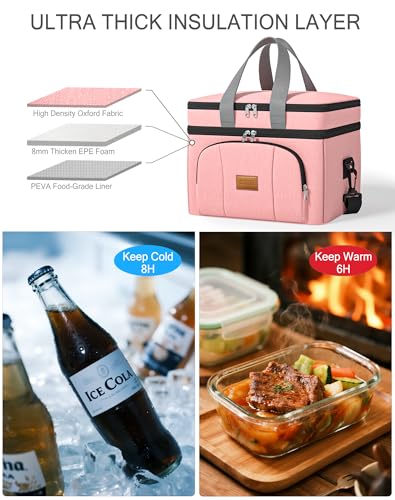 Rnivvi Lunch Box for Women, Double Decker Insulated Cooler Bag Lunch Bag Reusable Leakproof Tote Lunch Container with Strap for Work Family Picnic Hiking Camping, 18 Cans 12L, Large Adults, Rose Pink - color: Rose Pink