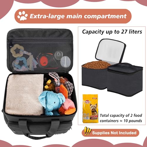Dog Travel Bag, Large Pet Travel Set with Multi-Function Pockets, 2 Food Storage Containers, 2 Collapsible Bowls, 1 Feeding Mat for Pet Supplies, Road Trip Essentials, Weekend Camping (Black) - color: Obsidian Black