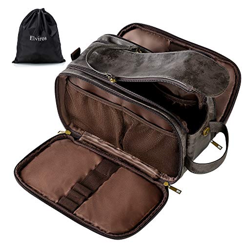 Elviros Toiletry Bag for Men, Large Travel Shaving Dopp Kit Water-resistant Bathroom Toiletries Organizer PU Leather Cosmetic Bags - color: Dark Grey, size: Large (Pack of 1)