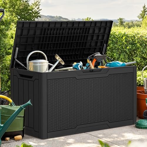 YITAHOME 80 Gallon Resin Deck Box, Weather Resistant Outdoor Rattan Storage Box, Lockable Indoor Outdoor Storage for Supplies and Essentials, Black - color: Black, size: 80 gallon