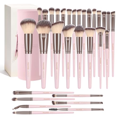 MAANGE 30 Pcs Professional Makeup Brush Set with Travel Case – Kabuki, Foundation, Powder, Blush,Blending& Eyeshadow Brushes, Labeled for Gift-Ready Box,Pink - color: Pink