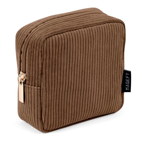 MAGEFY Small Makeup Bag for Purse Mini Cosmetics Bag Corduroy Cute Cosmetic Pouch for Women with Slip-in Pockets - color: Small-Brown-1pcs