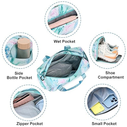 Gym Bag Sports Duffle Bag with Wet Pocket Weekender Overnight Bag with Waterproof Shoe Pouch and Air Hole for Girls Kids Women Travel Foldable Bag - color: Marble 74