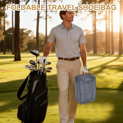 Foldable Travel Shoe Bag, Waterproof Shoe Pouches Organizer with Handle Travel Packing Cubes -Fitting for Storing (Sneakers/Sandals/Fitness Shoes) 2 Pcs & Gray/Navy Blue - color: Gray/Navy Blue
