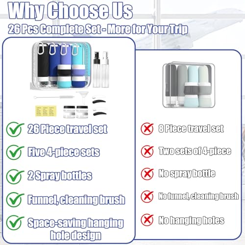 26 Pcs TSA Approved Travel Toiletry Bottles Set, Leakproof Silicone Refillable Travel Containers with Hanging Hole & Carabiner, Portable Essentials, for Shampoo Conditioner Lotion Body Wash - style: F