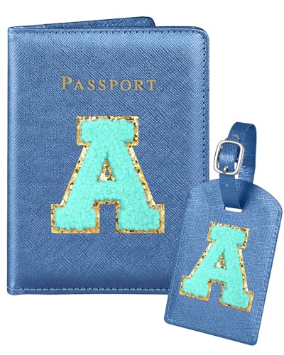 Slohif Passport Holder Initial Lugguage Tag Set Suitcase Cover Wallet Case for Travel Women - Leather Letter Passport Book Personalized Organizer Card Protector Sleeve Essentials Slim Carrier Blue A - color: Blue, style: A