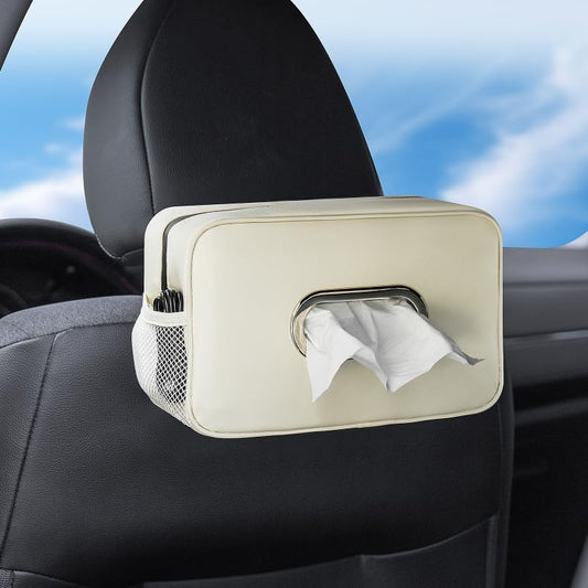 Multi-Functional Car Tissue Holder with ‌2 Storage Nets, Upgraded PU Leather Tissue Box Cover, Large Rectangle Napkin Organizer, Fit for 100-160 Regular Size Tissues, Keep Car Tidy, Beige - color: Beige