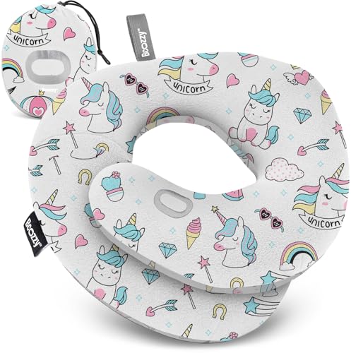 BCOZZY Kids Chin Supporting Travel Pillow for Ages 3–7- Patented Soft Neck Pillow for Head and Chin Support in Car Seat and Airplane. Comfortable Travel Essential. Small Size, Bag, Unicorn - color: White Unicorn, size: Small (Kids 3-7 Y/O)