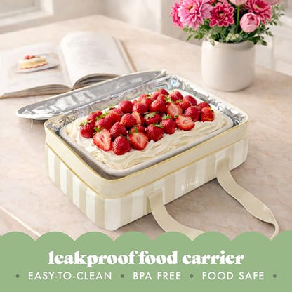Fit & Fresh Insulated Casserole Carrier - Double Decker Food Carrier Fits Two 9x13 Dishes, Expandable Hot & Cold Food Transport Bag with Zipper Pocket for Potluck, Easter & Travel, Taupe Stripe - color: Pina Colada Stripe