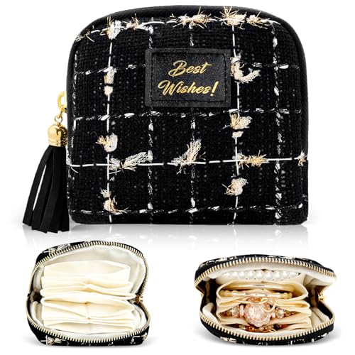 Travel Jewelry Case Organizer Small Jewelry Pouch Bags for Women Compartments Zipper Pouch for Bracelet Earring Ring Holder Velvet Jewelry Organizer Storage Bag Christmas Birthday Gift for Mom Wife F - color: Af-black