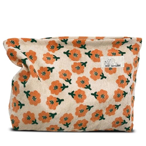 HAPPYHEIDI Women Floral Corduroy Makeup Bag Travel Cosmetic Canvas Pouch Purse Organizer, Cute Beige Flowers - color: 001 SX142-02 Beige Floral Corduroy