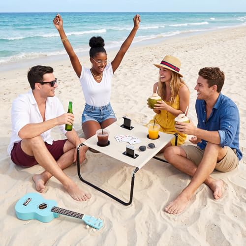 Portable Beach Table Foldable Camping Picnic Table with Cup Holder and Phone Pockets Lightweight Stable for Tailgate Travel Fishing Hiking and Outdoor Adventures(White,Solid Pattern) - color: White