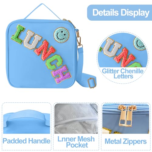Insulated Lunch Bag With Adjustable Shoulder Strap, Nylon Preppy Lunch Box Large Insulated Lunch Bag Reusable Lunch Tote Bag with Smiley Preppy LunchBag for Girls School Travel Picnic (Dark blue) - color: Dark Blue