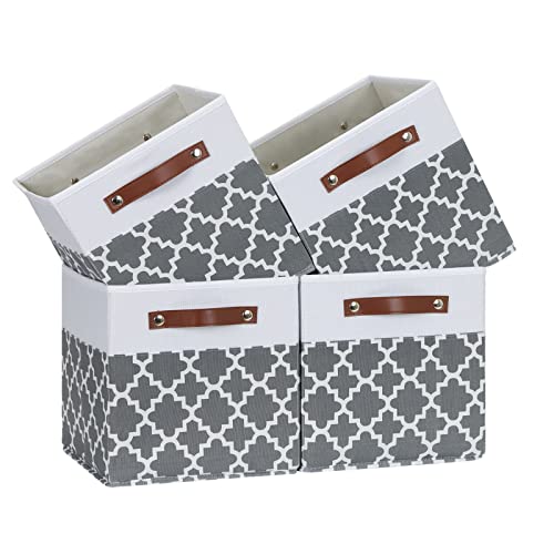 Temary 11x11x11 Cube Storage Bins Cube Organizer Bins 4 Pack Canvas Storage Bin for Home, Cube Storage Basket with Leather Handles(Grey Lattice) - color: Grey Lattice, size: 11×11×11