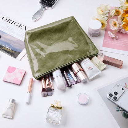 WLLWOO PVC Waterproof Makeup Bag Kraft Paper Cosmetic Bag Travel Toiletry Zipper Pouch Organizer for Women Purse - color: PVC-Olive Green