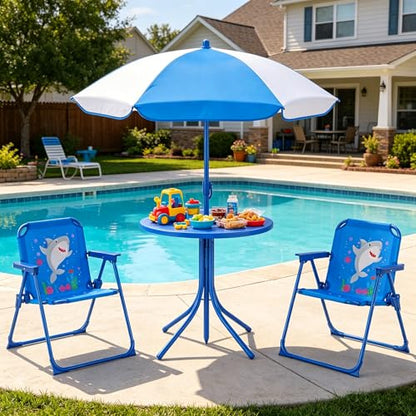 HONEY JOY Kids Picnic Table, Animal Themed Toddler Outdoor Table and Chair Set, 2 Folding Chairs & Removable Umbrella, Children Outdoor Furniture for Backyard Patio Garden (Blue Shark) - color: Blue Shark
