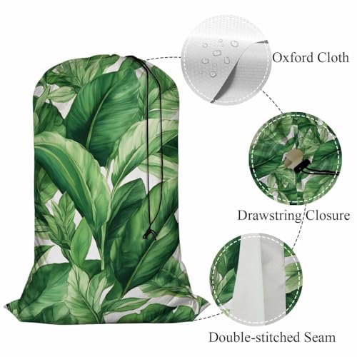 Swono Green Leaves Extra Large Huge Heavy Duty Oxford Cloth Laundry Storage Bag with Drawstring, Summer Tropical Exotic Plants Laundry Bag, 28x40 Inch - color: Green Leaves