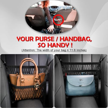 Car Organizer Between Front Seats, Purse Holder, Dog Barrier, Mesh Net Bag | AMEIQ Car Accessories, 3 Layers Net 2 Pockets Storage Bag, Purse Handbag Holder, Backseat Kid Pet Barrier, Black, Patented