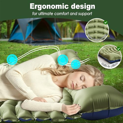 Double Sleeping Pad for Camping - Ultralight Camping Mattress with Pillow, Built-in Foot Pump, Compact Inflatable 2-Person Portable Mat for Backpacking, Hiking, Car Traveling, Beach, Tent - color: Olive Green