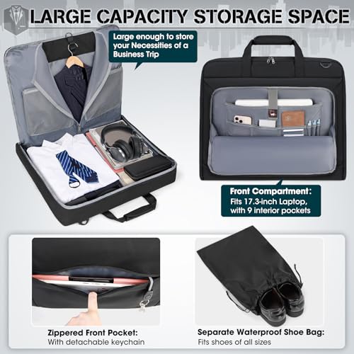 RAINSMORE Garment Bags for Travel Carry On Garment Bag for Hanging Clothes, Suit Bag for Business Trips with Shoes bag & Shoulder Strap, Waterproof Foldable Suit Luggage Bag for Men Women, Black - color: Black