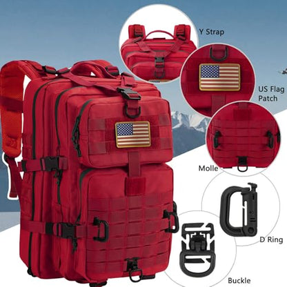 Hannibal Tactical MOLLE Assault Backpack, Tactical Backpack Military Army Camping Rucksack, 3-Day Pack Trip w/USA Flag Patch, D-Rings, Red - color: Red