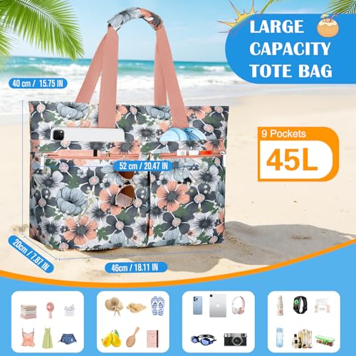 HUANLANG Large Beach Bags for Women Pool Bag with Zipper, Waterproof Sandproof Beach Tote Travel Bag with Wet Pocket - color: Gray-pink Flower