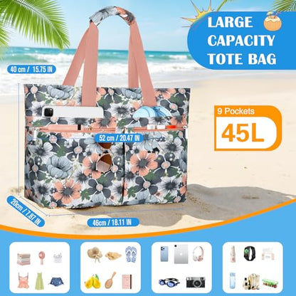 HUANLANG Large Beach Bags for Women Pool Bag with Zipper, Waterproof Sandproof Beach Tote Travel Bag with Wet Pocket - color: Gray-pink Flower