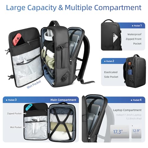 Travel Backpack for Men Women, 28L Airline Approved Carry On Backpack, 17 inch Water Resistant Business Laptop Backpack, Personal Item Luggage Bag for Weekender Hiking, Black