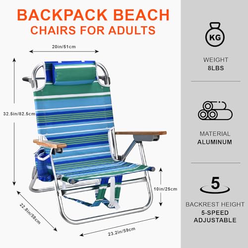 2 Pack Backpack Beach Chairs for Adults Capacity 300 LBS Low 5 Position Beach Chair with Pouch Straps Folding Lightweight Reclining Aluminum Wide Lay Flat Single - color: 10in Wood Green Stripe 2 Pack