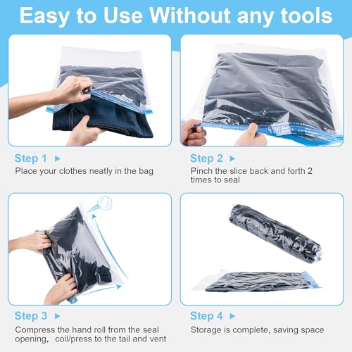 10 PCS Compression Bags for Travel Essentials, 3 Sizes Space Saver Bags, No Vacuum or Pump Needed, Roll Up Vacuum Packing for Clothing Storage, Cruise Accessories, Luggage & Home Organizers