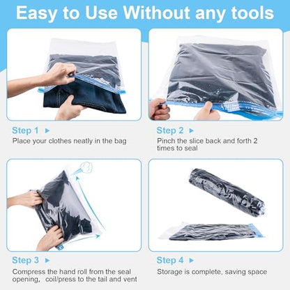 10 PCS Compression Bags for Travel Essentials, 3 Sizes Space Saver Bags, No Vacuum or Pump Needed, Roll Up Vacuum Packing for Clothing Storage, Cruise Accessories, Luggage & Home Organizers