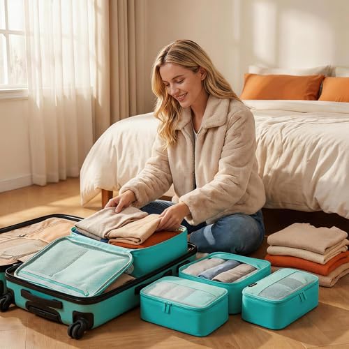 4 Piece Compression Packing Cubes for 3–7 Day Travel, Space Saving Travel Organizers with Breathable Mesh, Double-Zipper Packing Cubes for Carry-On & Suitcases (Teal) - color: Teal