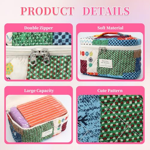3PCS Coquette Makeup Bag,Quilted Cosmetic Bag Large Make Up Bag Set,Quilted Portable Toiletry Organizer Bag,Cotton Travel Skincare Bag for Women Girls(04-Boho) - style: 04-boho Quilted