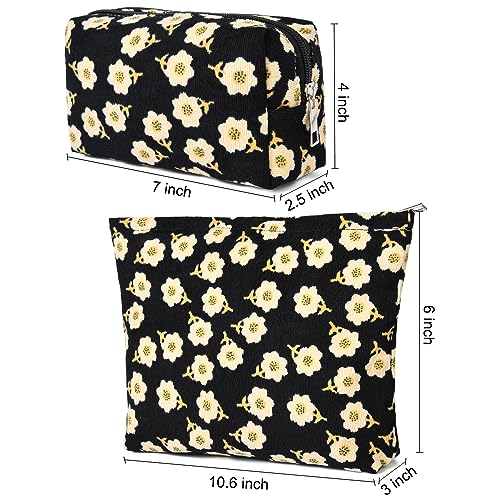 SOIDRAM 2 Pieces Flower Makeup Bag Large Cosmetic Bag Capacity Canvas Mix Travel Toiletry Bag Organizer Cute Makeup Brushes Aesthetic Accessories Storage Bag for Women, Flower Mix Black - color: Black Flower