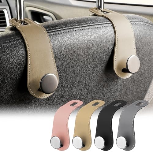 JESTOP Car Headrest Hooks, 2 Pack Leather Car Seat Storage Hanger for Purses Bags, Stylish Car Seat Organizer Hooks for Handbag Coat Umbrellas, Car Inside Accessories, Apricot - color: Apricot, size: 2 PCS