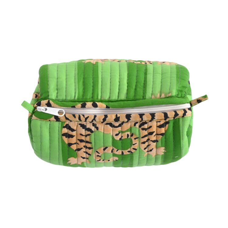 YILLE Set of 3 Pieces Block Printed Travel Organizer Kit Storage Bag for Women Makeup Bag Travel Cosmetic Bag (Green Fat tiger) - color: Green Fat tiger
