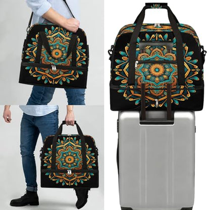 Travel Duffle Bags With Shoes Compartment for Women Men Mandala Flower Ethnic Boho Lightweigh Sports Tote Gym Bag Foldable Canvas Weekender Overnight Carry On Luggage Handle Bag - color: A06:print 1