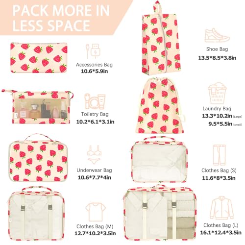 KPX 8 Set Packing Cubes for Travel, Luggage Packing Organizers Accessories Large Toiletries Bag for Clothes Shoes Cosmetics (Strawberry) - color: 8Set-Strawberry