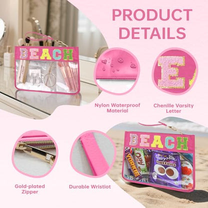 Beach Bag,Sunscreen Bag, Chenille Letter Clear Zipper Pouch for Travel Preppy Patch Makeup Bag-Nylon Cosmetic Preppy Makeup Waterproof Organizer Bags Set for Women Valentines Bags (MH-BEACH) - color: MH-BEACH