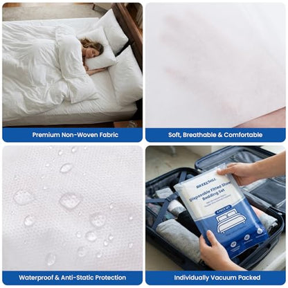 4 Pack Disposable Bed Sheets Fitted Sheet Queen Size, Disposable Travel Sheet for Hotel with Quilt Cover and Pillowcase,Disposable Sheets for Travel - size: Queen size, 4-Pack