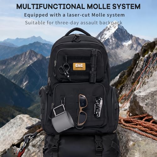 Timeet Tactical Backpack for Men, 21 Inch Black 40L Large Capacity, Laser Cut Molle Three Sided Opening, Water Resistant 17 inch Laptop Military Hiking 3 Day Assault Pack - color: Black