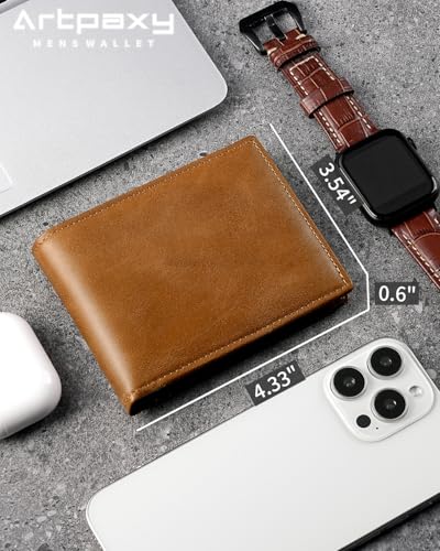 Artpaxy Mens Wallet Genuine Leather Bifold RFID Blocking Wallet for Men with 1 ID Window 13 Card Holders 2 cash pockets 1 Gift Box (Light Brown) - color: Light Brown