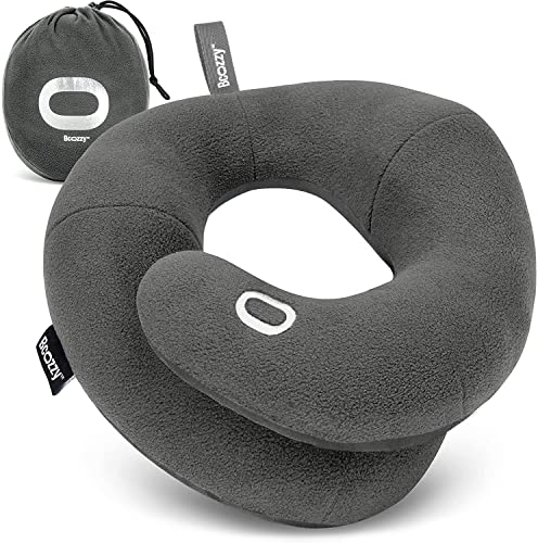 BCOZZY Travel Neck Pillow for Airplane – Patented Double Support for Head, Neck, and Chin. Best for Long Flights, Plane Sleeping, and Car Rides. Adjustable Size. Fully Washable. Carry Bag. Large, Gray - color: Gray, size: Large