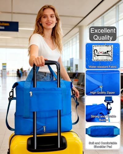 Foldable Travel Duffel Bag for Women, 40L Expandable Carry on Bag Personal Item Flight Approved, Lightweight Water Resistant Overnight Weekender Bag with Wet Pocket for Gym Travel, Blue - color: Blue