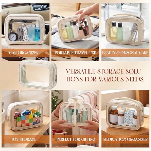 Abbylike 4 Pcs Beige Clear Makeup Bag PU Leather Tsa Approved Toiletry Bag with Zipper Transparent Waterproof Portable Cosmetic Bags Travel Car Clear Organizer Bags for Women Girl Mother's Day - color: Beige