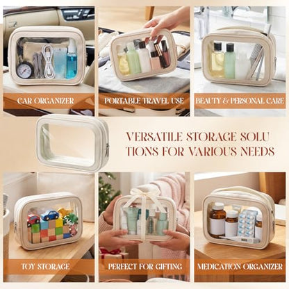 Abbylike 4 Pcs Beige Clear Makeup Bag PU Leather Tsa Approved Toiletry Bag with Zipper Transparent Waterproof Portable Cosmetic Bags Travel Car Clear Organizer Bags for Women Girl Mother's Day - color: Beige