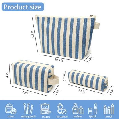 3 Pcs Makeup Bag Set Striped Canvas Purse Cosmetic Bag For Women Travel Toiletry Pouch Organizer pencil case (Blue-White) - color: Blue-White