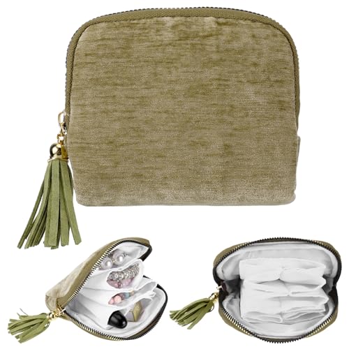 Small Travel Jewelry Case Organizer, Green Soft Velvet Jewelry Pouches With 6 Compartments, Zipper Pouch for Necklace Bracelet Earring Ring Storage Holder, Small Jewelry Bags for Travel Daily Use