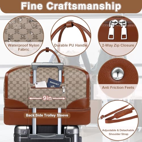 ITIEZY Weekender Overnight Bag for Women - Large Travel Duffel Bag with Shoe Compartment, Gym Duffel Bag Hospital Bag Carry On Tote Bags for Airplanes with Crossbody Bag Toiletry Bag 3Pcs Set - color: 9B-Light Brown