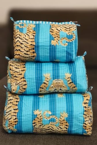 YILLE Set of 3 Pieces Block Printed Travel Organizer Kit Storage Bag for Women Makeup Bag Travel Cosmetic Bag (Turquoise Fat Tiger) - color: Turquoise Fat Tiger